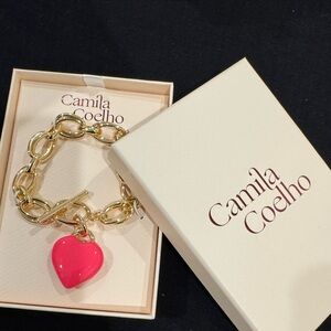 Camila Coelho Gold Link Bracelet with Bright puffy Pink Heart Charm- trendy now🔥